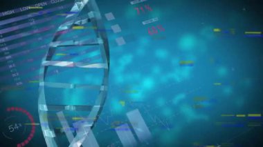 DNA ipliği ve pasta grafikleri, mavi arkaplan üzerinde bilimsel veri analizi. Genetik, biyoteknoloji, araştırma, veri görselleştirme, analitik, bilim