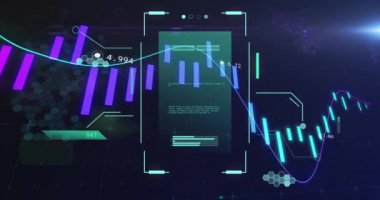 Diyagramlar üzerinden bilimsel veri işleme animasyonu. Bilim, teknoloji ve dijital arayüz kavramı, dijital olarak üretilen video.