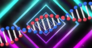 Neon geometrik şekilli DNA ipliği bilimsel veri animasyonunu gösteriyor. Biyoteknoloji, genetik, moleküler, fütüristik, 3D, görselleştirme