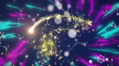 Işık noktaları üzerinde moleküllerin canlandırılması ve siyah arkaplanda renkli izler. Küresel bilim, teknoloji, bilgisayar ve dijital arayüz kavramı, dijital olarak oluşturulmuş video.