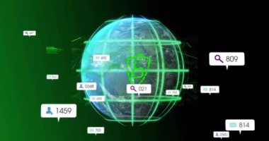 Medya simgeleri ve dünya üzerinde veri işleme animasyonu. İş, teknoloji ve dijital arayüz kavramı, dijital olarak oluşturulmuş video.
