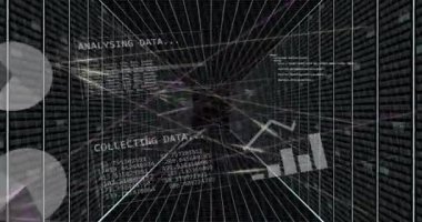 Veri işleme üzerine sunucuların ve diyagramların animasyonu. İş, teknoloji ve dijital arayüz kavramı, dijital olarak oluşturulmuş video.