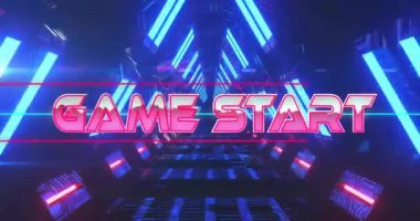Oyun Başlat metni canlandırması gelecekçi neon ışıklı tünel arkaplanı üzerine. teknoloji, parlayan, canlı, dijital, siber, elektrik