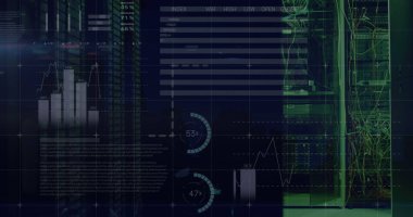 Bilgisayar sunucu odasına karşı istatistiksel veri işleme resmi. Bilgisayar arayüzü ve iş veri depolama teknolojisi kavramı