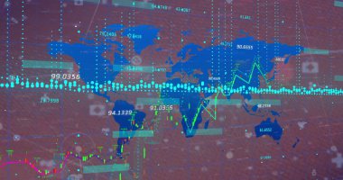 Pembe arka plandaki kıtalar üzerinde istatistiksel grafikler ve veri işleme resimleri. Küresel finans, istatistik, hesaplama, teknoloji ve veri işleme kavramı dijital olarak oluşturuldu.