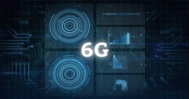 6G metin, grafik, daireler yükleme ve devre kartı deseni siyah arkaplan üzerinde. Dijital olarak üretilmiş, hologram, rapor, iş, ilerleme, telekomünikasyon, küreselleşme, teknoloji.