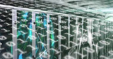 Image of binary coding over tech room with computer servers. global technology data processing concept digitally generated image.