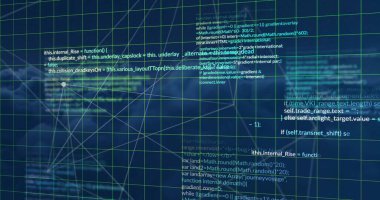 Soyut arkaplan üzerinde ızgara desenli bağlı noktalar ve bilgisayar dili resmi. Dijital olarak üretilmiş, hologram, illüstrasyon, iletişim, kodlama, programlama dili ve teknoloji.