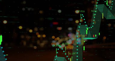 Yeşil arkaplanda finansal verileri gösteren yeşil dijital grafiklerin resmi. Gece borsa eğilimlerini gösteren parlak rakamlar ve çizgiler, kentsel enerjiyi yansıtıyor