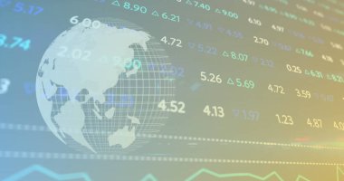 Grafiklerle ve soyut arkaplanda hareket eden dünya ile numaraları değiştirme görüntüsü. Dijital olarak üretilmiş, çoklu pozlama, küreselleşme, veri, rapor, iş, ilerleme, grafik ve teknoloji.