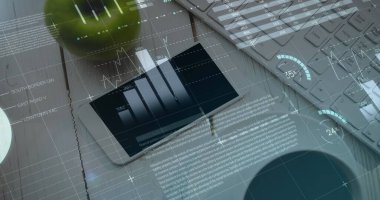 Ofis ekipmanlarına karşı istatistiksel veri işlemenin dijital kompozit görüntüsü. finans ve iş kavramı