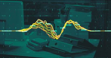 Ofis masasında dalgalanan çizgilerle finansal veri işleme görüntüsü. küresel finans ve iş konsepti dijital olarak oluşturulmuş imaj.