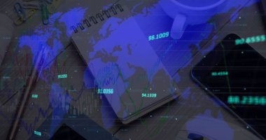 Dünya haritasında değişen ve veri işleyen numaraların resmi. küresel finans ve iş konsepti dijital olarak oluşturulmuş imaj.