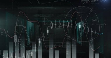 Matematiksel denklemlerin resmi ve veri işlemeli ekranlara karşı çubuk grafikler. İş verileri ve araştırma bilimi teknolojisi kavramı