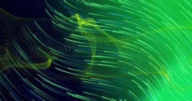 Soyut yeşil ve sarı çizgiler dinamik şekiller oluşturuyor, veri akışı animasyonu. Renkli