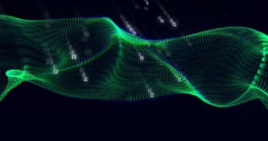 İkili kodlama veri işleme ve siyah arkaplan üzerindeki bağlantıların animasyonu. Küresel bağlantılar, hesaplama ve veri işleme kavramı, dijital olarak oluşturulmuş video.