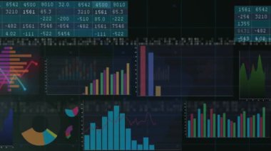 Ekranlar üzerinde istatistik ve finansal veri işleme animasyonu. Küresel bağlantılar, hesaplama ve veri işleme kavramı, dijital olarak oluşturulmuş video.