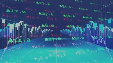 Borsa verileri ve finansal grafikler dijital şebeke arkaplanının üzerinde. Finans, analitik, yatırım
