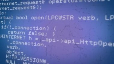 Mavi arkaplan üzerinde bilgisayar kodu ve veri animasyonu işleniyor. Teknoloji, kodlama, dijital, geleceksel, yazılım