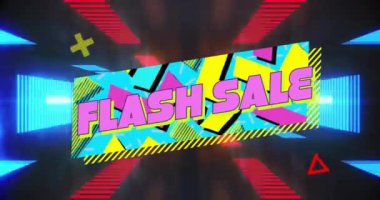 Renkli geometrik şekiller ve şablonlar üzerine hızlı satılan metin animasyonu. canlı, indirimli, özel teklif, pazarlama, promosyon