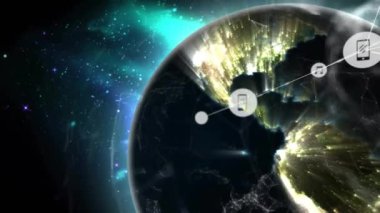 Dünya üzerinde bağlı cihazların ve müzik simgelerinin oluşturduğu küresel ağ. Teknoloji, bağlantı, internet, dijital