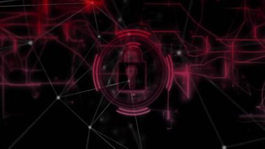 Asma kilit üzerindeki bağlantı ağının animasyonu. İş, teknoloji ve dijital arayüz kavramı, dijital olarak oluşturulmuş video.