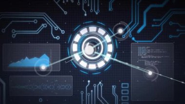 Siyah arkaplanda tarama alanındaki bağlantı ağının animasyonu. Küresel bağlantılar, hesaplama ve veri işleme kavramı, dijital olarak oluşturulmuş video.