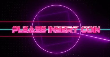 Lütfen neon desenli arkaplan üzerine bozuk para metni girin. Küresel video oyunu, dijital arayüz, iletişim, bilgisayar ve veri işleme kavramı, dijital olarak oluşturulmuş.