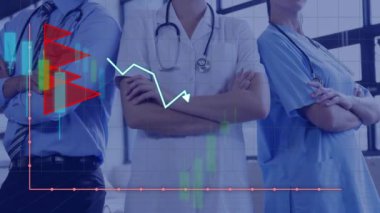 Çeşitli doktorların finansal veri işleme animasyonları. Küresel tıp, sağlık, finans, bilgisayar ve dijital arayüz kavramı, dijital olarak üretilen video.