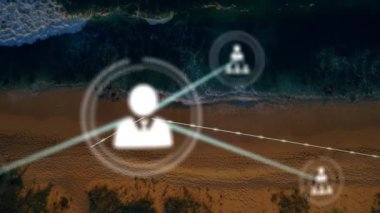 Plaj manzarası üzerindeki bağlantılar ve veri işleme animasyonu ağı. Teknoloji, yenilik, bağlantı, ağ, fütüristik, dijital