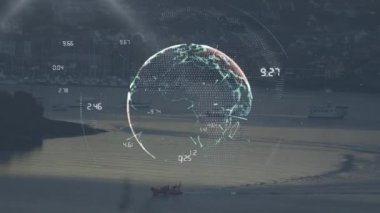 Dijital küre ve veriler kıyı kasabası ve tekneler üzerinde animasyon olduğunu gösteriyor. Teknoloji, küresel, siber, liman