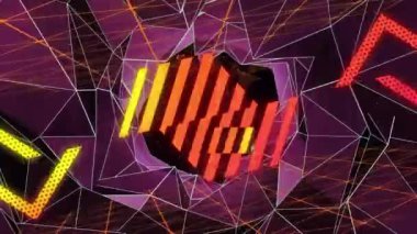 Kırmızı desenli daire ile soyut arkaplan üzerinde geometrik şekiller ve çizgiler canlandırılıyor. Geometri, animasyon, tasarım, dijital sanat
