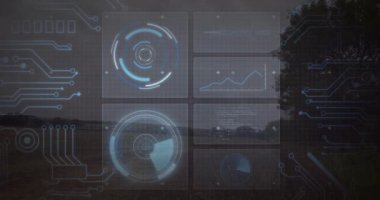 Manzara üzerinde çeşitli grafik ve grafiklerle dijital veri işleme animasyonu. analitik, fütüristik, teknoloji, görselleştirme, bilgi