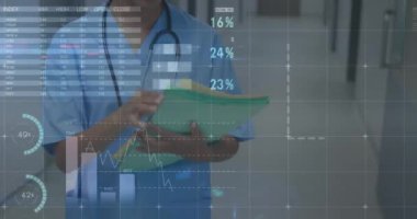 Hastane koridorundaki sağlık uzmanı üzerinde tıbbi veri analizi animasyonu. teknoloji, yenilik