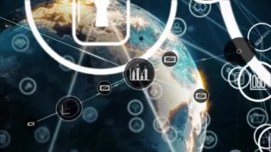 Dünya üzerindeki küresel veri simgeleri ve bağlantılar ağı. Teknoloji, bağlantı, internet, siber güvenlik, iletişim, dijital