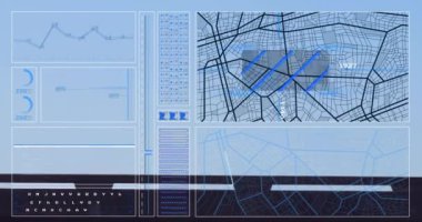 Şehir planlama arayüzü üzerinde dijital harita ve veri analizi animasyonu. teknoloji, haritalama, tasarım, geliştirme