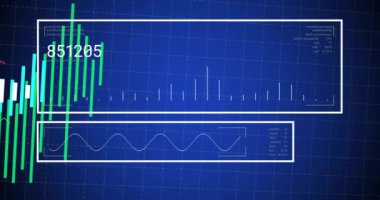 Mavi arka planda finansal veri işleme animasyonu. Küresel teknoloji, bilgisayar, çevrimiçi güvenlik ve dijital arayüz kavramı, dijital olarak oluşturulmuş video.