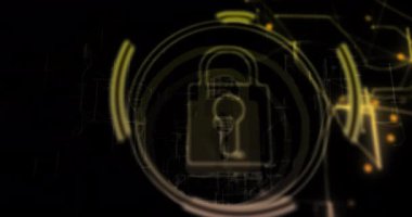 Şekiller ve asma kilit üzerinde veri işleme animasyonu. İş, teknoloji ve dijital arayüz kavramı, dijital olarak oluşturulmuş video.