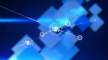 Mavi geometrik şekiller üzerinde bağlantı ve veri işleme animasyonu ağı. Teknoloji, dijital