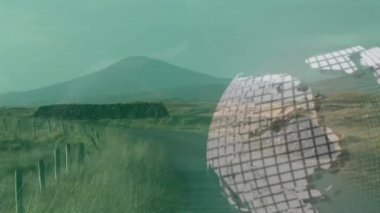 Dağlar ve otlaklarla dolu kırsal arazide dünya animasyonu. Doğa, çevre, coğrafya, küresel, toprak