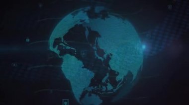 Karanlık arkaplan üzerinde veri noktaları ve ağ bağlantıları olan dijital küre canlandırılıyor. Teknoloji, ağ oluşturma, fütüristik, animasyon, görselleştirme, siber uzay