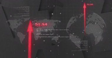 Veri işleme ve dünya haritası üzerindeki diyagramların animasyonu. Teknoloji ve dijital arayüz kavramı, dijital olarak oluşturulmuş video.