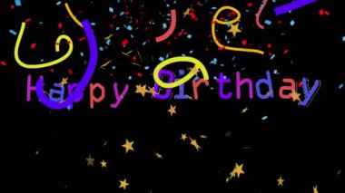 Renkli konfeti üzerine Mutlu Yıllar metin animasyonu ve siyah arka planda yıldızlar. Kutlama, parti, şenlik