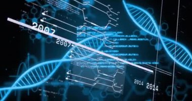 Siyah arka plandaki DNA iplikçikleri üzerinde dijital veri işleme animasyonu. Küresel bilim, bağlantılar, hesaplama ve veri işleme kavramı, dijital olarak oluşturulmuş video.