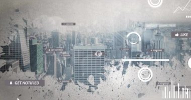 Şehir manzarası üzerinde dijital veri işleme animasyonu. Küresel bağlantılar, hesaplama ve veri işleme kavramı, dijital olarak oluşturulmuş video.