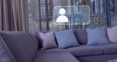 Profil simgeleri ve veri animasyonu geniş pencereli modern oturma odasının üzerinde. Teknoloji, arayüz, sanal, veri görselleştirme, akıllı ev, bağlantı
