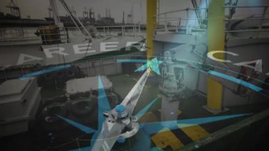 Pusula çevirme animasyonu ve tersanede kariyer metni. Küresel sevkiyat, finans, iş, bağlantılar, bilgisayar ve veri işleme kavramı, dijital olarak oluşturulmuş video.