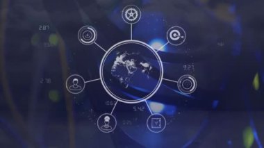Dünya haritası üzerinde birbirine bağlı simgeler ve veri işleme animasyonları ağı. Teknoloji, dijital, iletişim, küresel, bilgi