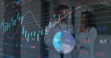 Borsa veri animasyonu, doktorların hastanede tıbbi tabloları tartışmalarını kapsıyor. Sağlık, finans, teknoloji, iş, tartışma, analiz