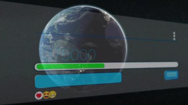 Emoji reaksiyonları ve sayısal sayaçla Dünya üzerinde ilerleme çubuğu animasyonu. Teknoloji, sanal, dijital, küresel, istatistik, katılım